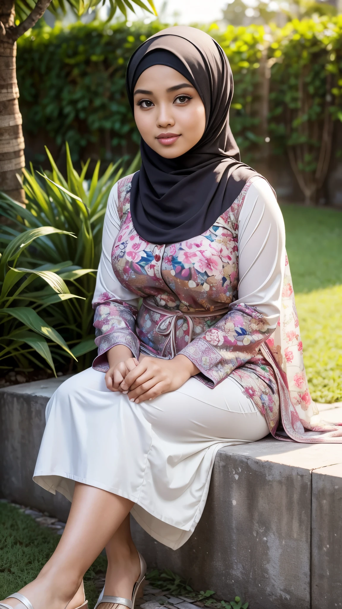 Close up),RAW, Best quality, high resolution, masterpiece: 1.3), Beautiful Malay woman in hijab,perfect fit body, big breast,sthick thighs,big beautiful eyes, Soft smile, beautiful face,very beutifull face,lip glosy, watery eyes, close up of a woman wearing a purple floral shirt and black pants, lovely woman, malay women, hijab, very beautifull girl, with beautiful exotic, wearing beautiful clothes, cute woman, young and cute girl, beautiful pretty young, beautiful female, attractive girl, beautiful malay woman, beautiful, muslim, wearing a blouse, beautiful woman dress and cloth ,Great lighting, Bright colors, Clean lines , background bokeh.