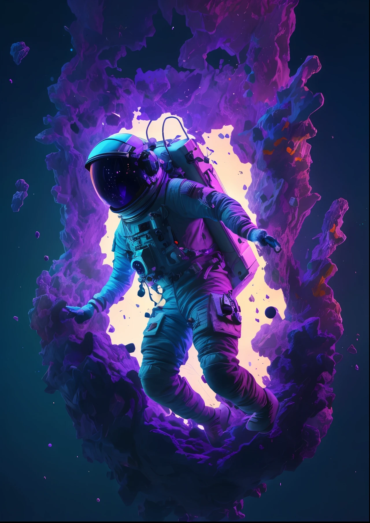 an astronaut floating in a purple and blue space with a purple and blue background, astronaut lost in liminal space, lonely astronaut, style hybrid mix of beeple, amazing space creature 4 k, astronaut below, detailed astronaut, beeple artwork, jen bartel, beeple daily art, 3 d render beeple, astronaut, 8k stunning artwork