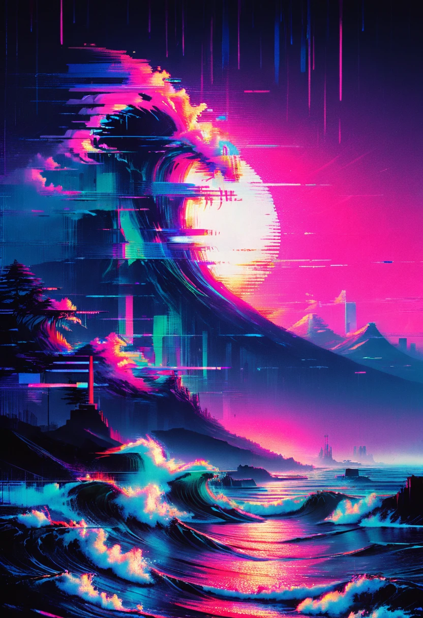 Vaporwave art, Vaporwave Aesthetic, by Alena Aenami, neon, LainiaLain, ral-glydch, vhs glitch, panoramic, Ultra high saturation, (best quality, masterpiece, Representative work, official art, Professional, 8k)