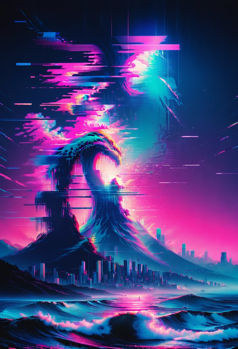 Vaporwave art, Vaporwave Aesthetic, by Alena Aenami, neon, LainiaLain, ral-glydch, vhs glitch, panoramic, Ultra high saturation, (best quality, masterpiece, Representative work, official art, Professional, 8k)