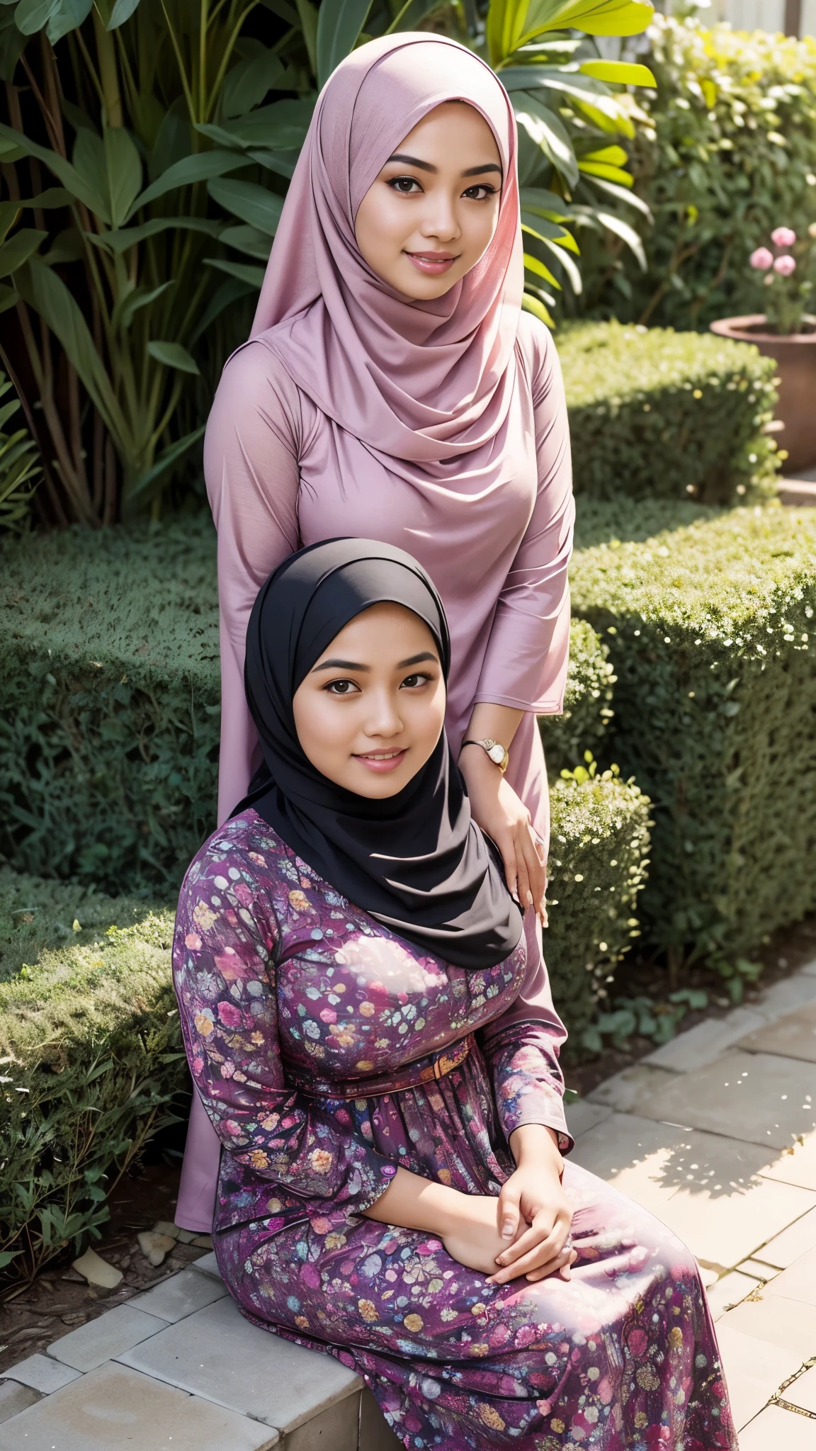 RAW, Best quality, high resolution, masterpiece: 1.3), beautiful Malay woman in hijab,Masterpiece, perfect fit body, big breast, biggorgeous eyes, Soft smile,thick thighs,Malay girl in hijab wear small floral baju kurung malaysia in college,sitting in garden, Excellent lighting, Bright colors, Clean lines