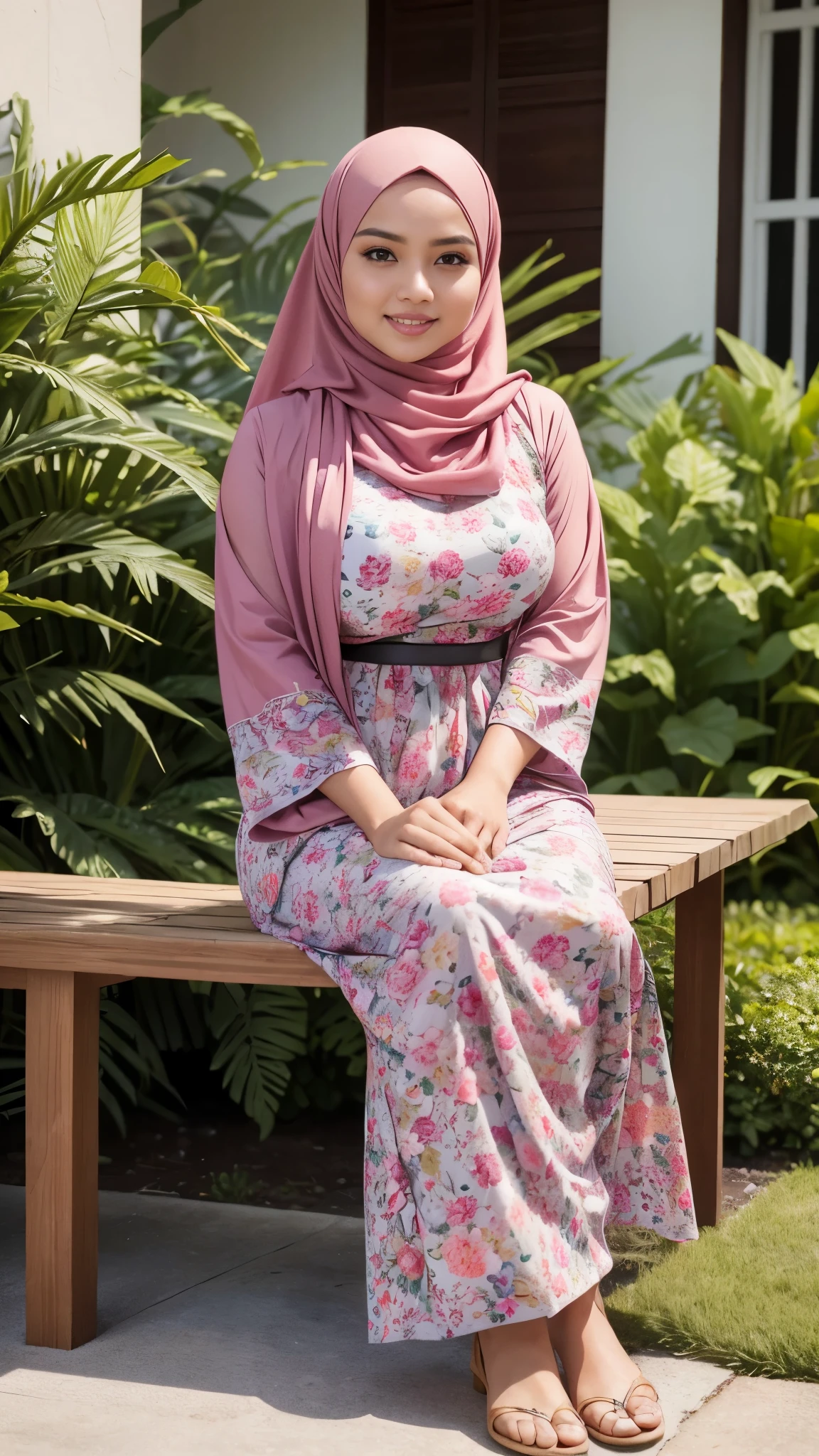 RAW, Best quality, high resolution, masterpiece: 1.3), beautiful Malay woman in hijab,Masterpiece, perfect fit body, big breast, biggorgeous eyes, Soft smile,thick thighs,Malay girl in hijab wear small floral baju kurung malaysia in college,sitting in garden, Excellent lighting, Bright colors, Clean lines