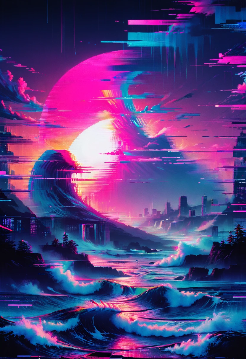 Vaporwave art, Vaporwave Aesthetic, by Alena Aenami, neon, ral-glydch, vhs glitch, panoramic, Ultra high saturation, (best quality, masterpiece, Representative work, official art, Professional, 8k), (\gu zhang feng\)