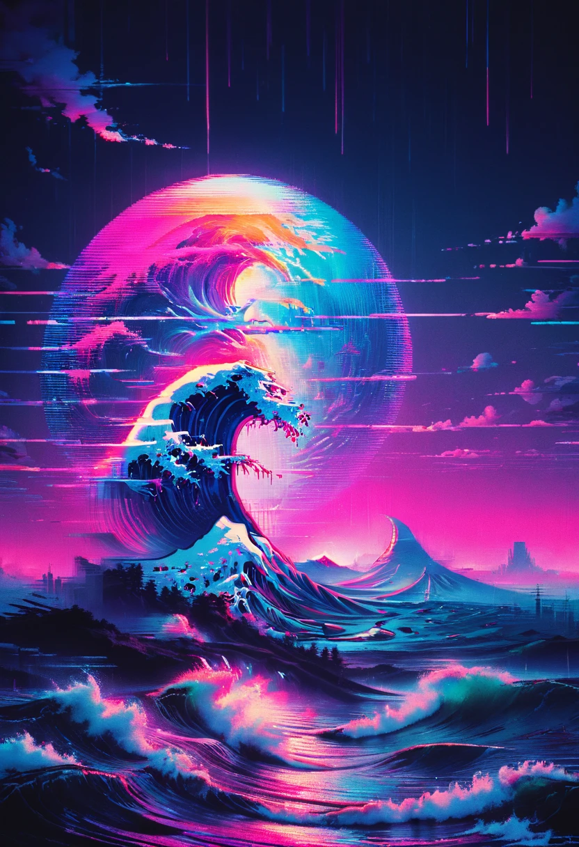 Vaporwave art, Vaporwave Aesthetic, by Alena Aenami, neon, ral-glydch, vhs glitch, panoramic, Ultra high saturation, (best quality, masterpiece, Representative work, official art, Professional, 8k), (\gu zhang feng\)