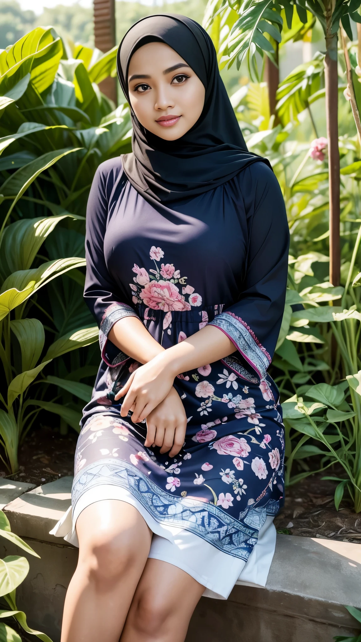 RAW, Best quality, high resolution, masterpiece: 1.3), beautiful Malay woman in hijab,Masterpiece, perfect fit body, big breast, biggorgeous eyes, Soft smile,thick thighs,Malay girl in hijab wear small floral baju kurung malaysia in college,sitting in garden, Excellent lighting, Bright colors, Clean lines