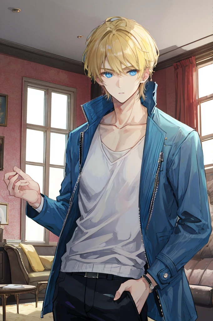 a handsome man,adult,Idol,blond,blue eyes,clavicle,Jacket,long trousers,living room,