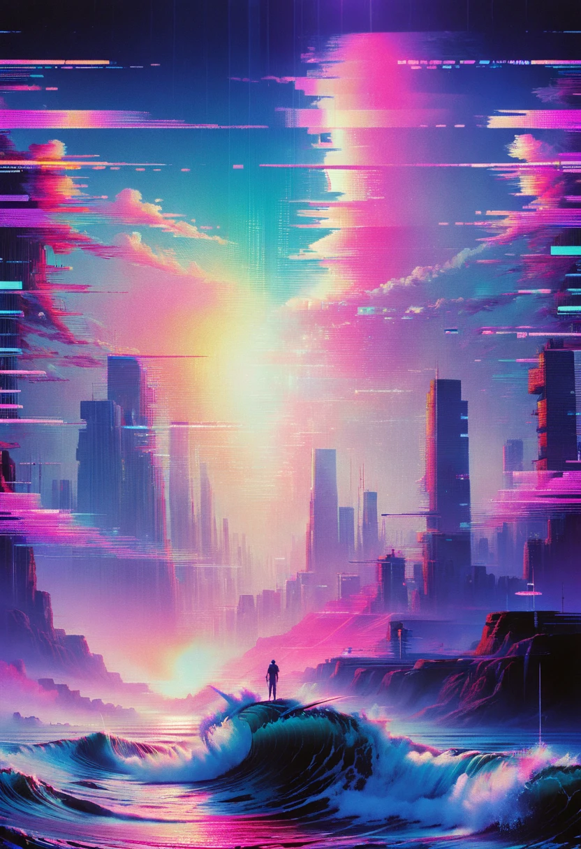 Vaporwave art, Vaporwave Aesthetic, by Drew Struzan, neon, ral-glydch, vhs glitch, panoramic, Ultra high saturation, (best quality, masterpiece, Representative work, official art, Professional, 8k), (\gu zhang feng\)