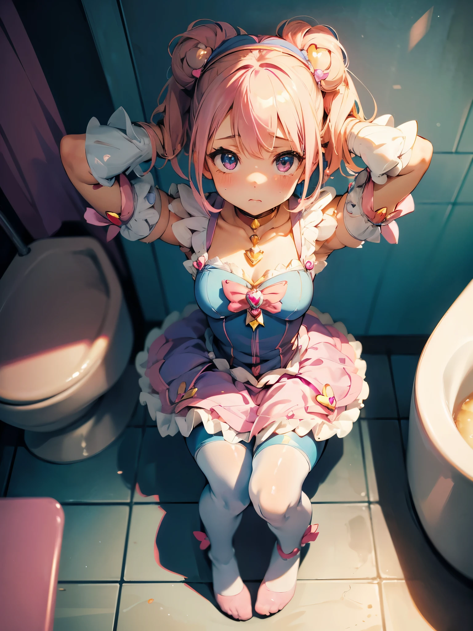 nsfw, (best picture quality, 8K, high quality, masterpiece:1.2), ((masterpiece)), (high detail, high quality, best picture quality), bokeh, DOF, Portrait, open stance, (cute illustration:1.2), public restroom, fullbody, blond hair, (little cute girl:1.2), bun style hair, (small breast), cute round face, (pink and blue gorgeous magical girl:1.4), sleeveless, detached sleeve, (white thigh high pantyhose), (arms behind head:1.3), (Sit on toilet bowl ), (legs spread widely:1.5), embarrassed, crying hard,
