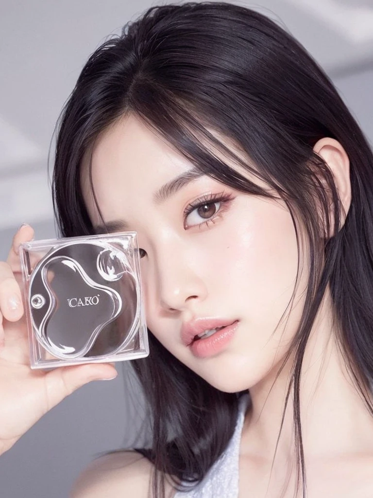 a closeup of a woman holding a small square object, bae suzy, maquillaje popular de corea del sur, tzuyu de dos veces, retrato de jisoo rosa negro, Jinyoung Shin, maquillaje coreano popular, jisoo de blackpink, Jisoo de Blackpink, perfume, lee ji-eun, lee ji - eun, cai xukun, cara linda y clara, pale korean adorable face, maquillaje claro