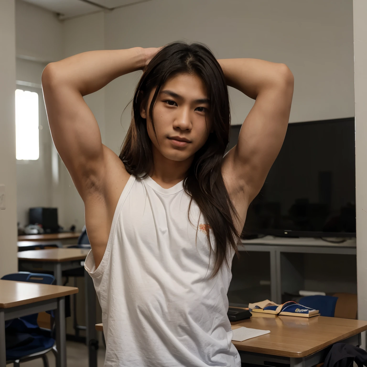 An 18 year old Asian boy with shoulder length hair and muscular student.