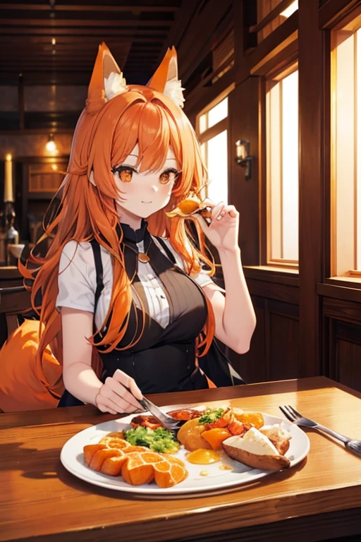 An orange haired woman with orange fox ears and an orange fox tail with an hourglass figure is eating at a tavern with An orange haired man with orange fox ears and an orange fox tail 