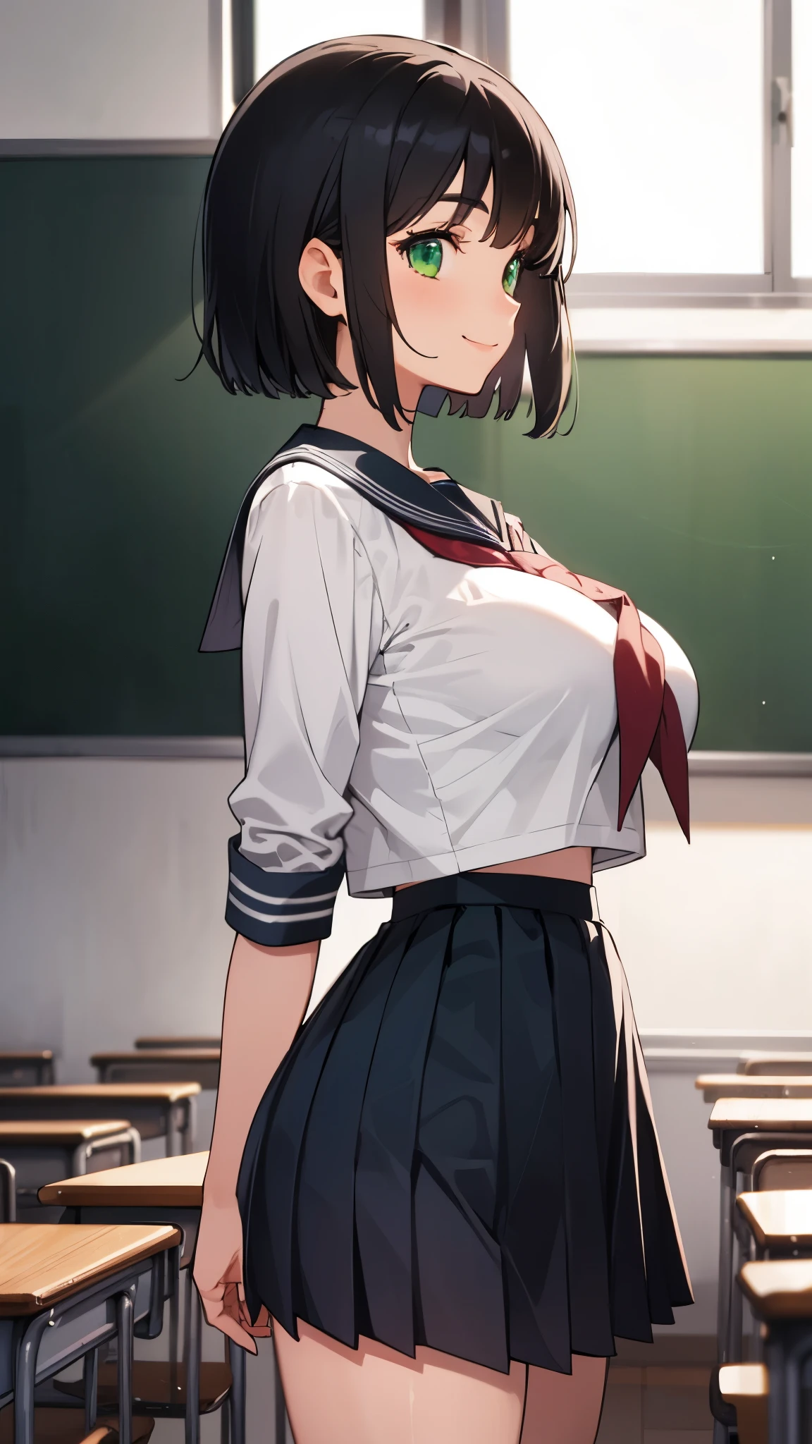 16 year old beautiful girl、big breasts、cowboy shot、detailed face and eyes、beautiful face、Glossy skin、short hair、beautiful black hair、bangs、shining green eyes、sailor suit、pleated mini skirt、profile、smile、smile、inside the classroom、School、background blur