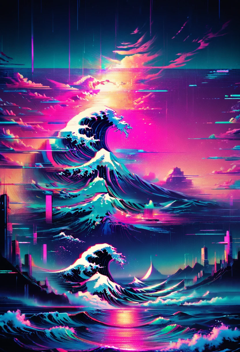 Vaporwave art, Vaporwave Aesthetic, by Cyril Rolando, neon, ral-glydch, vhs glitch, panoramic, Ultra high saturation, (best quality, masterpiece, Representative work, official art, Professional, 8k)