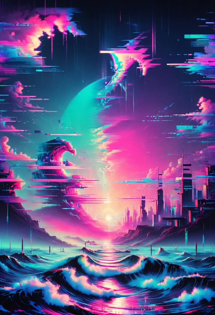 Vaporwave art, Vaporwave Aesthetic, by Cyril Rolando, neon, ral-glydch, vhs glitch, panoramic, Ultra high saturation, (best quality, masterpiece, Representative work, official art, Professional, 8k)