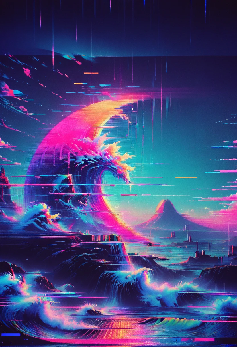 Vaporwave art, Vaporwave Aesthetic, by Miki Asai, neon, ral-glydch, vhs glitch, panoramic, Ultra high saturation, (best quality, masterpiece, Representative work, official art, Professional, 8k)