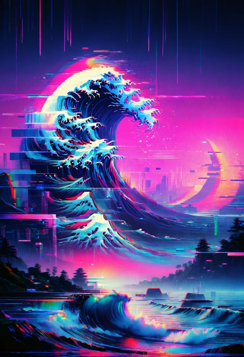 Vaporwave art, Vaporwave Aesthetic, by Miki Asai, neon, ral-glydch, vhs glitch, panoramic, Ultra high saturation, (best quality, masterpiece, Representative work, official art, Professional, 8k)