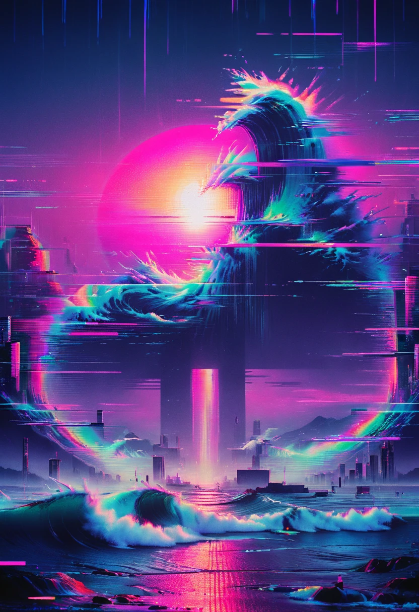 Vaporwave art, Vaporwave Aesthetic, by Miki Asai, neon, ral-glydch, vhs glitch, panoramic, Ultra high saturation, (best quality, masterpiece, Representative work, official art, Professional, 8k)