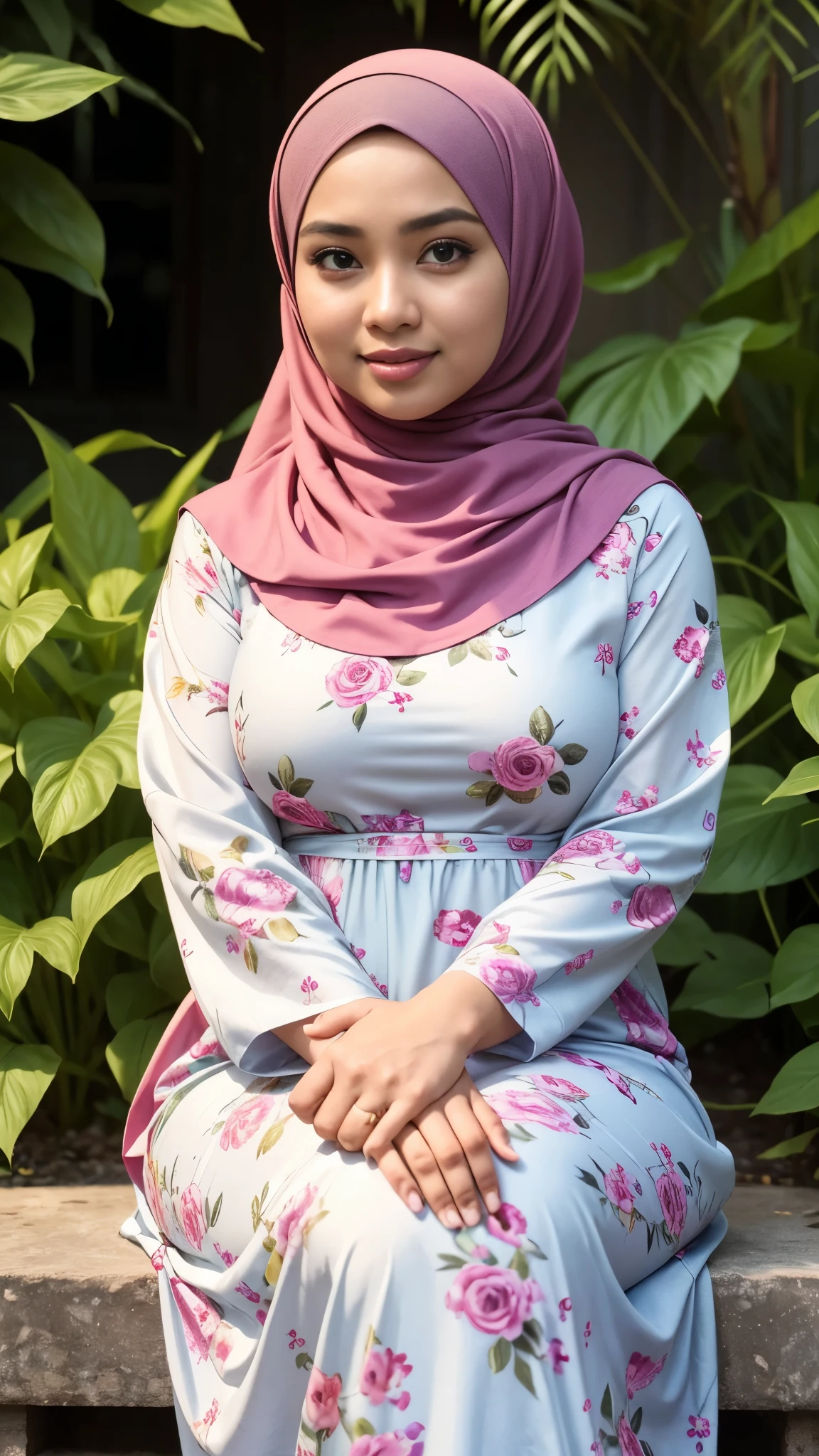 RAW, Best quality, high resolution, masterpiece: 1.3), beautiful Malay woman in hijab,Masterpiece, perfect fit body, big breast, biggorgeous eyes, Soft smile,thick thighs,Malay girl in hijab wear small floral baju kurung malaysia in college,sitting in garden, Excellent lighting, Bright colors, Clean lines
