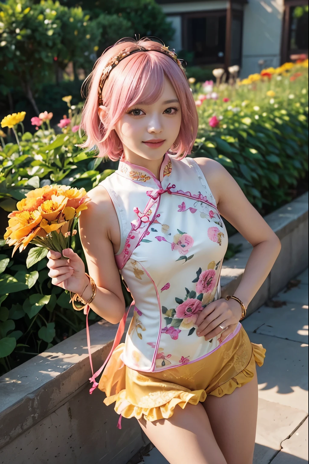 (8K, top-quality, masterpiece:1,2), (reallistic, Photorealsitic:1.37), Super Detail, One girl,), (Highly detailed), (beautifully detailed eyes), (of the highest quality), (super detailed ), (masterpiece), (Detailed face),20yr old, ,1 girl, ((pink hair,Very short hair)), medium breasts, clothed, Perfect Lighting, (frilly cheongsam:1.4), (fit and flare silhouette:1.3), (floral embroidery:1.2), (ribbon and lace embellishments:1.2), (orange and brown color scheme:1.2), (flower headband:1.2), (thin gold bracelet:1.2), (lace-up boots:1.2), BREAK bangs parted to the sides, right side tucked behind ear, left side covering eye, hair fluffy, smiling, looking at camera, lips slightly curved up, eyes sparkling, holding bouquet of autumn flowers in right hand, orange, red, yellow flowers, left hand on hip, standing slightly apart, straight posture, garden background, full of autumn flowers, cosmos, dahlia, chrysanthemum, background blurred, subject in focus, natural light, warm color, light hitting face, soft shadow