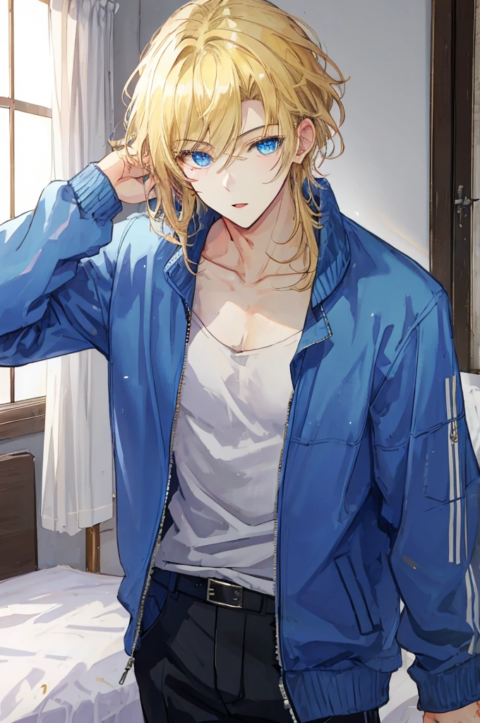 a handsome man，adult，Brother，Brother's，blond，blue eyes，clavicle，Jacket，long trousers，lol(Very detailed background，bedroom)，