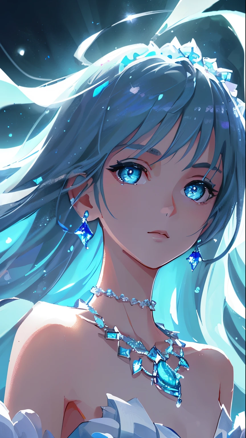 masterpiece, best quality, illustration, sax blue, platinum earrings, platinum necklace, white dress, 1girl, cute, (dynamic lighting:1.2), cinematic lighting, delicate facial features, detailed eyes, sharp pupils, realistic pupils, depth of field, bokeh, sharp focus, (hyper-detailed, bloom, glow:1.4), many small gems