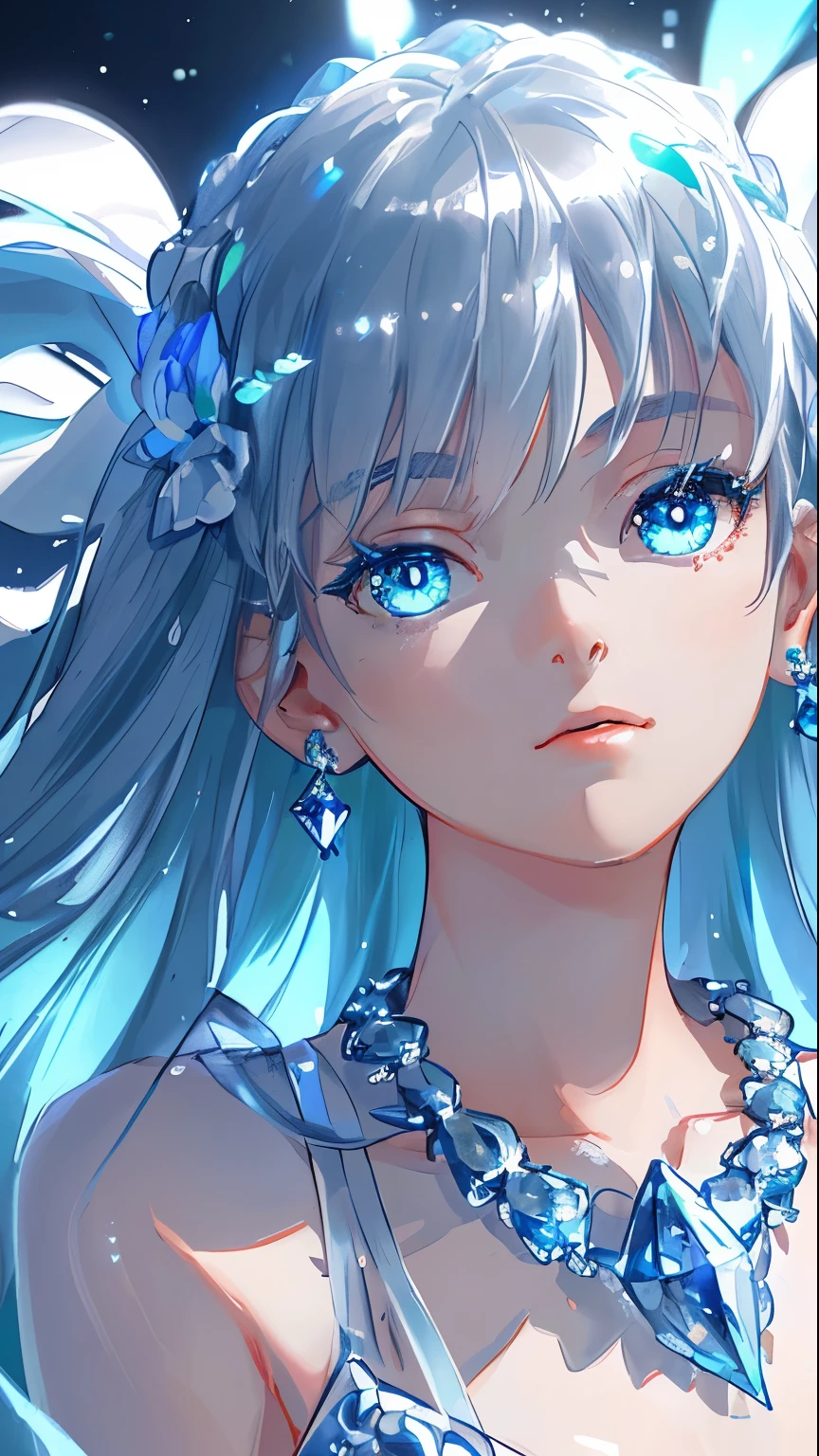 masterpiece, best quality, illustration, sax blue, platinum earrings, platinum necklace, white dress, 1girl, cute, (dynamic lighting:1.2), cinematic lighting, delicate facial features, detailed eyes, sharp pupils, realistic pupils, depth of field, bokeh, sharp focus, (hyper-detailed, bloom, glow:1.4), many small gems
