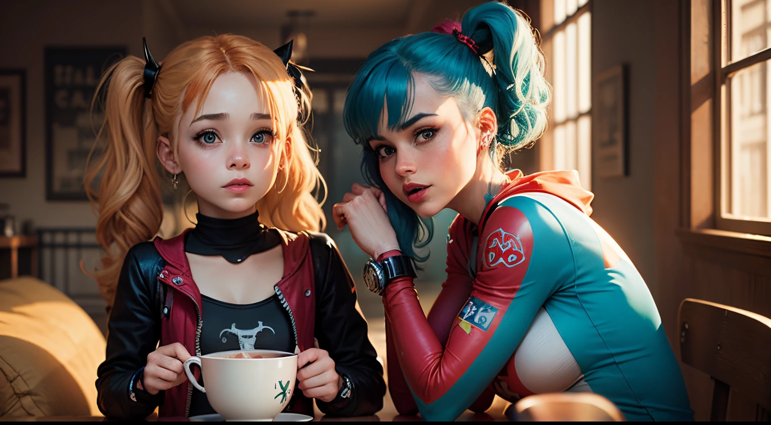 2 personagens femininas, Bulma as Mother, Harley Quinn as a child