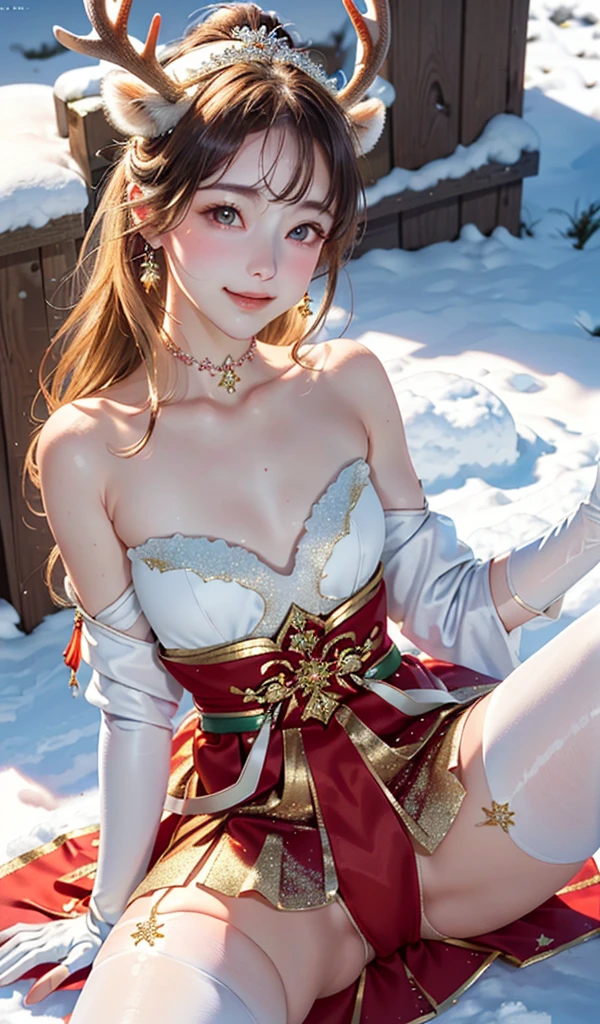 masterpiece, best quality, extremely detailed CG unity 8k wallpaper, (Upper Body head close-up shot of a beautiful deer ***********), Wendy, Elegant Long straight blonde hair, ((Mckenna Grace)), (((flat chest))), ((red green)) golden ((Glittering tutu,Short Antler Headgear, Neckband, glove, zettai ryouiki)), (((spread legs))), (Blush), oil skin, (seductive smile), ((Snowfield, outdoors)), pretty face, key art, award winning, intricate detail realism hdr, by (ruan jia and artgerm and range murata), Photorealism, Hyperrealism, ultra realistic, dramatic light, intense shadows, gorgeous view, depth of field