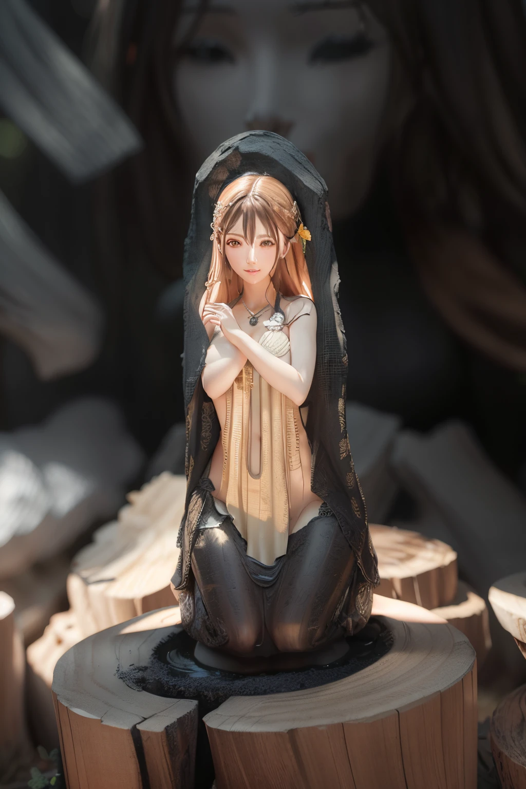 there is a statue of a woman sitting on a tree stump, wooden statue, 3 d goddess portrait, 3 d clay figure, 3d clay render, 3 d clay render, 3 d render stylized, resin statue, carved in wood, ceramic statue, unreal engine render + a goddess, extremely detailed goddess shot, sculpture made of wood, sculpture of a woman