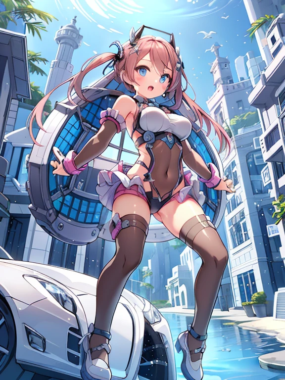 extreme detail,masterpiece,future city,with a girl (Energy Shield):1.3,Tight Fit Bodysuit,protect yourself from danger,use a shield in battle,Futuristic buildings,flying car,the shield becomes brighter,repel the invaders