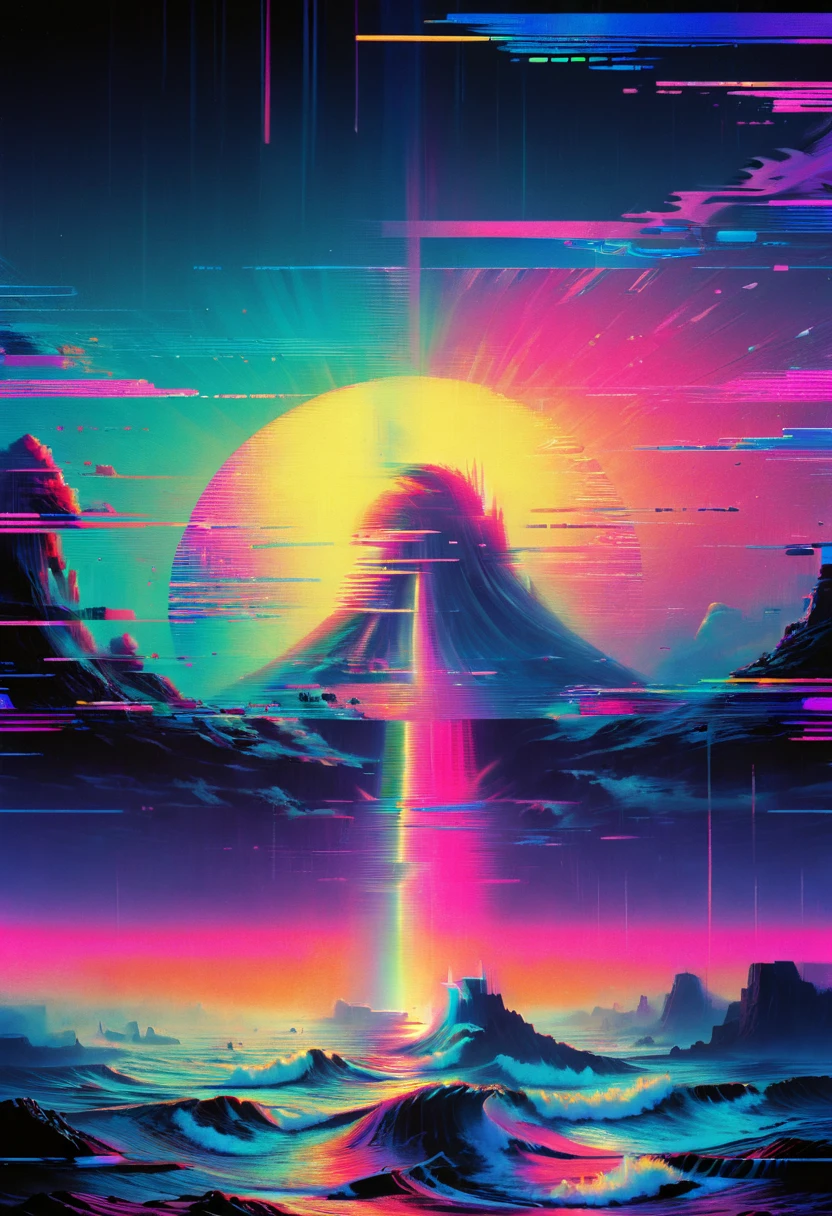 Vaporwave art, Vaporwave Aesthetic, by Ralph McQuarrie, neon, ral-glydch, vhs glitch, panoramic, Ultra high saturation, (best quality, masterpiece, Representative work, official art, Professional, 8k)