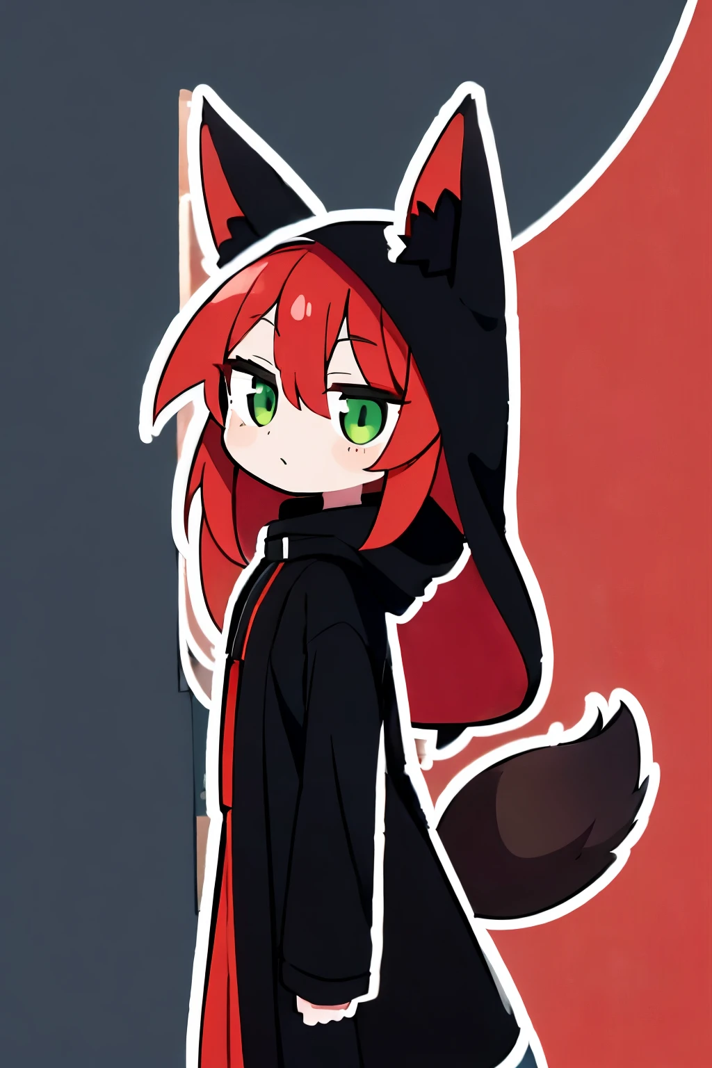 1girl, solo, long hair, red hair, green eyes with vertical pupil, fox ears, long black coat, black fur hood, red fox tail