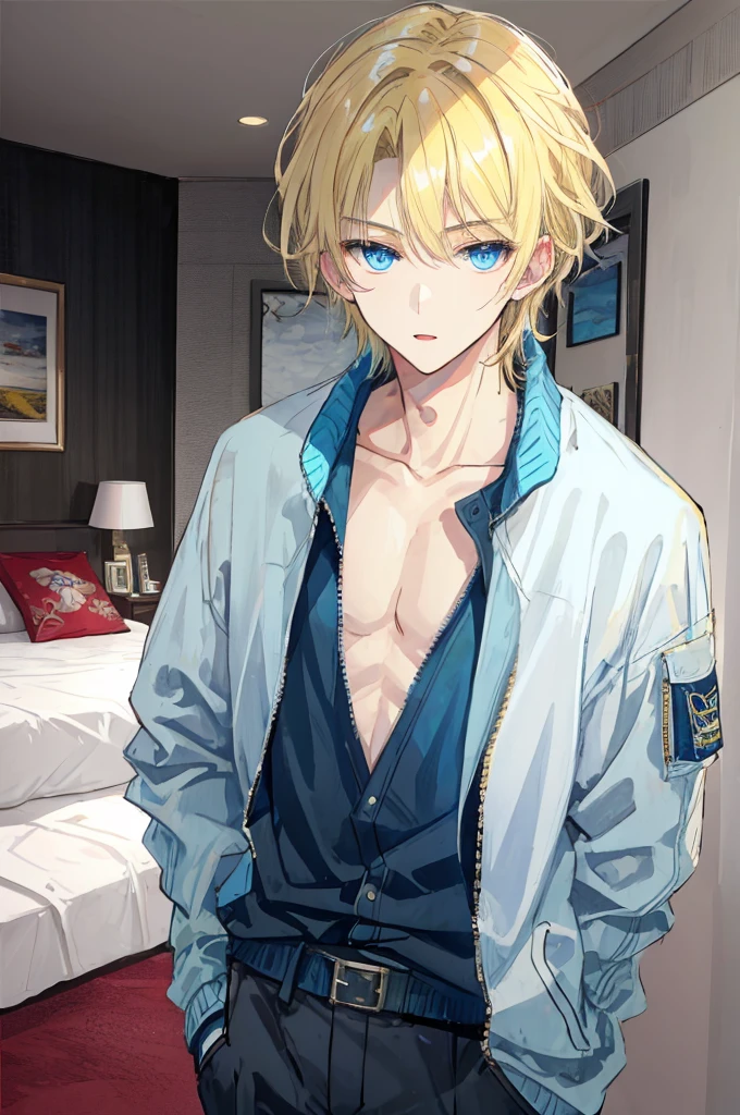 a handsome man,adult,Brother,Brother's,blond,blue eyes,clavicle,Jacket,long trousers,lol(Very detailed background,bedroom),