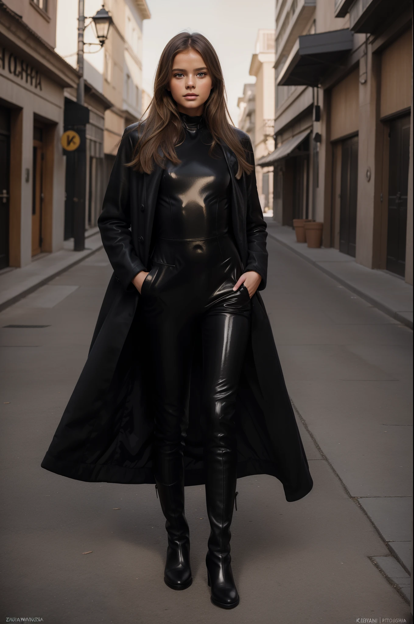 1girl, solo,  star,??? model,young influencers, (like Kristina Pimenova,Anastasia Bezrukova,Fatima Ptacek,Anna Pavaga), detailed small hands and fingers, intricate realistic pinky skin, glossy skin, detailed garment texture, ((black coat suit)),(undergarment bodysuits),(high boots),luxury atmosphere, decent realistic lighting, High-end DSLR ,full body shot, photography for fashion magazine,Instagram trading post, fashion photographyhigh quality,