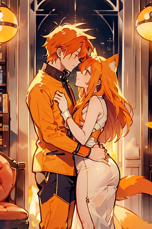 An orange haired woman with orange fox ears and an orange fox tail with an hourglass figure is kissing An orange haired man with orange fox ears and an orange fox tail in a quaint room