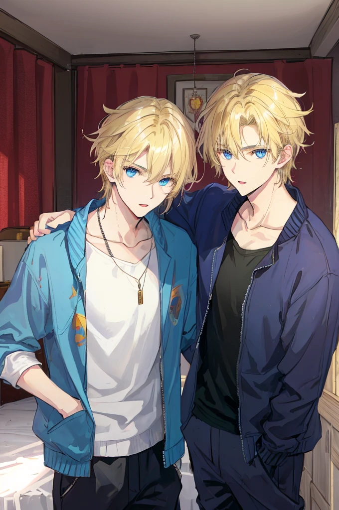 a handsome man,adult,Brother,Brother's,blond,blue eyes,clavicle,Jacket,long trousers,lol(Very detailed background,bedroom),Knock,