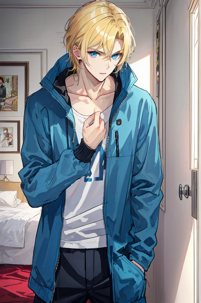 a handsome man,adult,Brother,Brother's,blond,blue eyes,clavicle,Jacket,long trousers,lol(Very detailed background,bedroom),Knock,