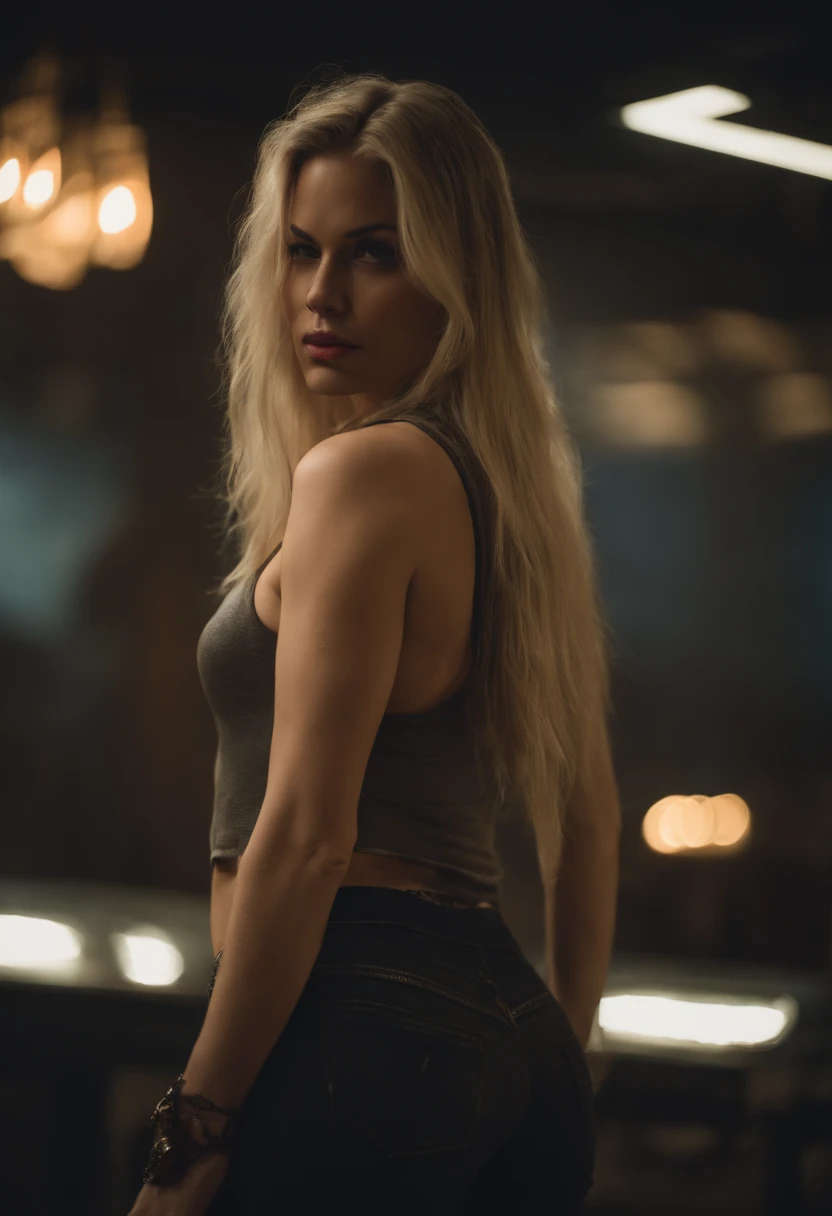 Long hair, Blond, beautiful, muscular, sexy, shy, large breasts, thick ass, thin waist,lucy \(cyberpunk\), ripped pants, dripping cum, pussy, gaping pussy