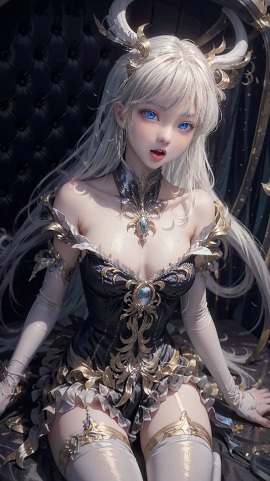 8K, Ultra High Definition, Super detailed, Shiny detailed hair, detailed face, fantasy landscape, solo, looking at viewer, {{best quality}}, {{masterpiece}}, {{ultra-detailed}}, {detailed light}, ultra high quality eyes, detailed eyes, perfect eyes, large eyes, detailed blue eyes, white hair, long hair, adorned hair, beautiful, skinny body, white skin, slutty, erotic, suggestive, sitting with legs open, open legs, blushing, open mouth, ahegao, ((nsfw))