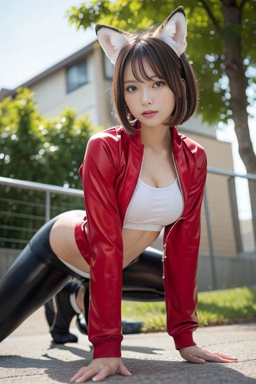 short hair,One girl, (alone),(M-shaped legs), (Spread your legs), (masterpiece:1.2),Red jacket, (Short red high leg bloomers),(Kamertwe),(Covered_Nipples), Shoot from below,bandage, Knee pads, sneakers,Volleyball court,