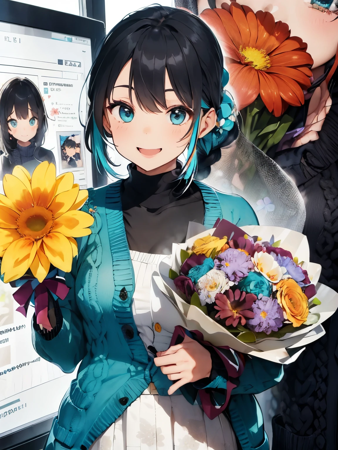 character//bluish black hair,blue eyes,Braided long hair,With bangs,(eye size 1.6),(Open mouth and smile happily),BREAK//((Turquoise blue long sleeve knit cardigan:1.3)),BREAK//((Transparent black turtleneck innerwear)),BREAK//((cream floral skirt)),BREAK//((A large colorful bouquet of flowers filling the screen:1.6)),((colorful petals are dancing:1.3)),(Festive atmosphere),((close up of face:1.4)),