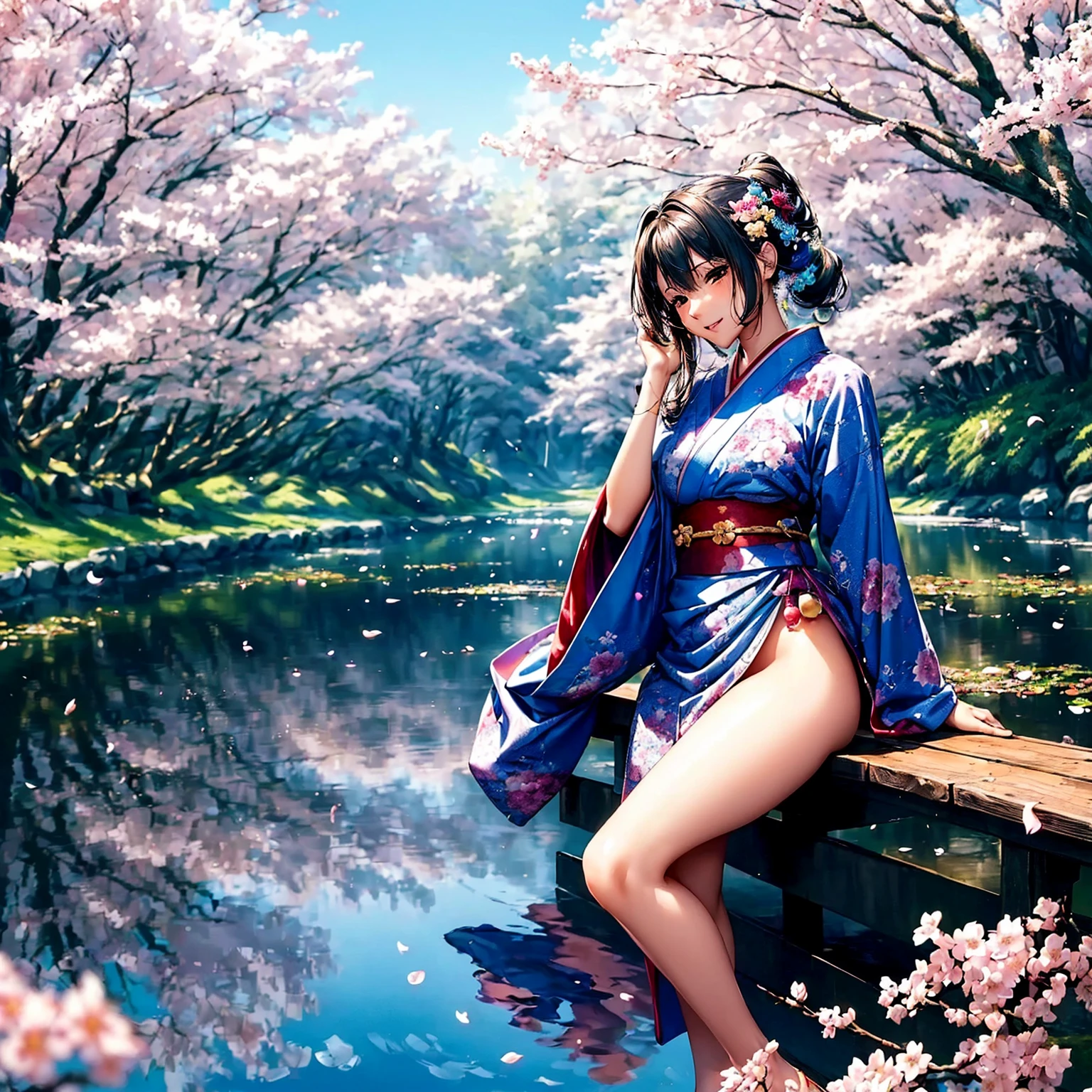 Kimono girl, sexy style, delicate details, correct proportions, dream background, breast slight, best picture quality, sunshine, girl, wind magic, flying petals, floating hair, high quality, clear sky, open clothes, no underwear, clothes open to 1 cm, spread arms, (nsfw)