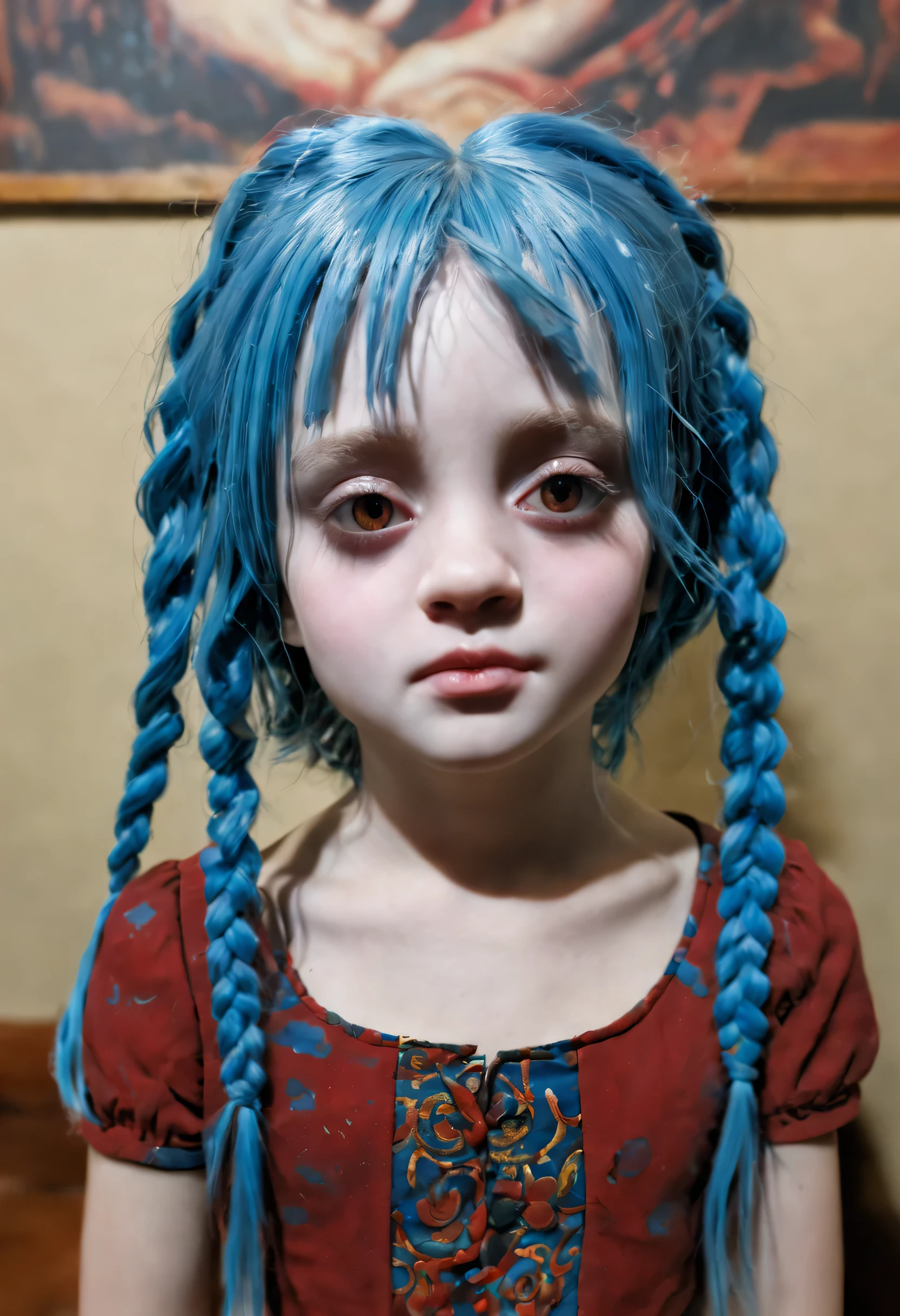 entwining portrait of Sabina a young girl, (blue hair in braids:1. 2) , tilt shift shot, airbrush art, (red eyes:1. 2) , symmetrical face, accurate anatomy, gossamer, ultra-fine details, sharp focus, swirling gouache, resin drip ( by tim burton, mark ryden, bartolomeo veneto:1. 2), torn paper and ink blots, 16k, UHD, HDR, (Masterpiece:1. 5), (best quality:1. 5)