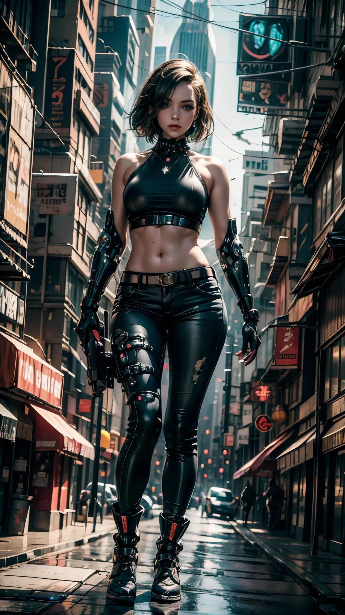 imagem realista super detalhada], [obra-prima], Alexis Texas como uma cyberpunk com cabelo loiro curto e espetado, bright green eyes and a circuit tattoo on the neck. Ela usa um casaco de couro preto com detalhes em neon, uma blusa branca rasgada, a pair of grey jeans and black boots. She has a bionic arm with metal claws and a neural interface implant in her right temple. She holds a laser pistol in her left hand and a holographic device in her right hand. She's on a busy street in a futuristic city, surrounded by tall buildings, Tecidos gigantes, carros voadores e pessoas de diferentes estilos e etnias. She has a confident and defiant expression, como se estivesse pronta para enfrentar qualquer perigo.