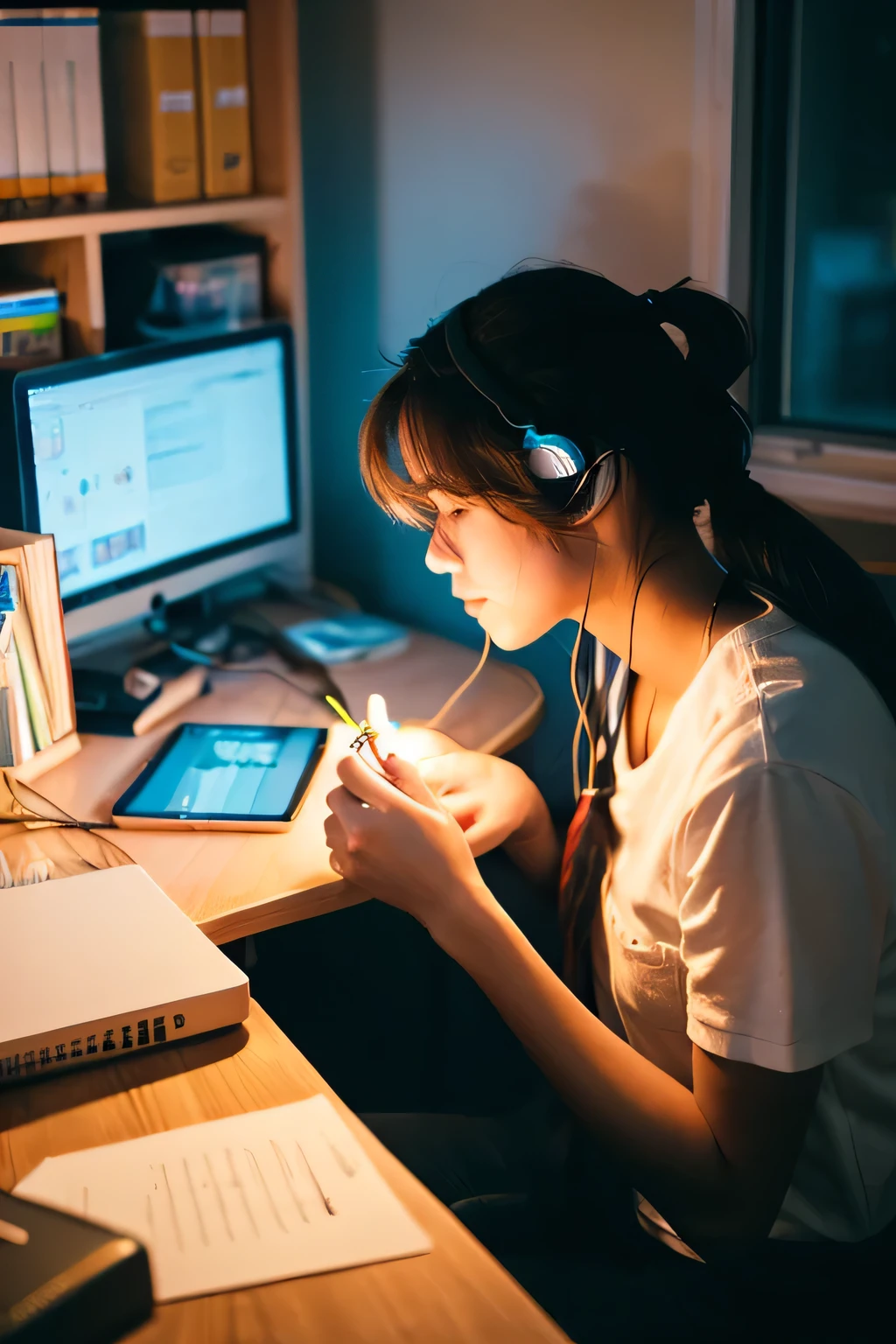 night Female college student headphone study Messy desk