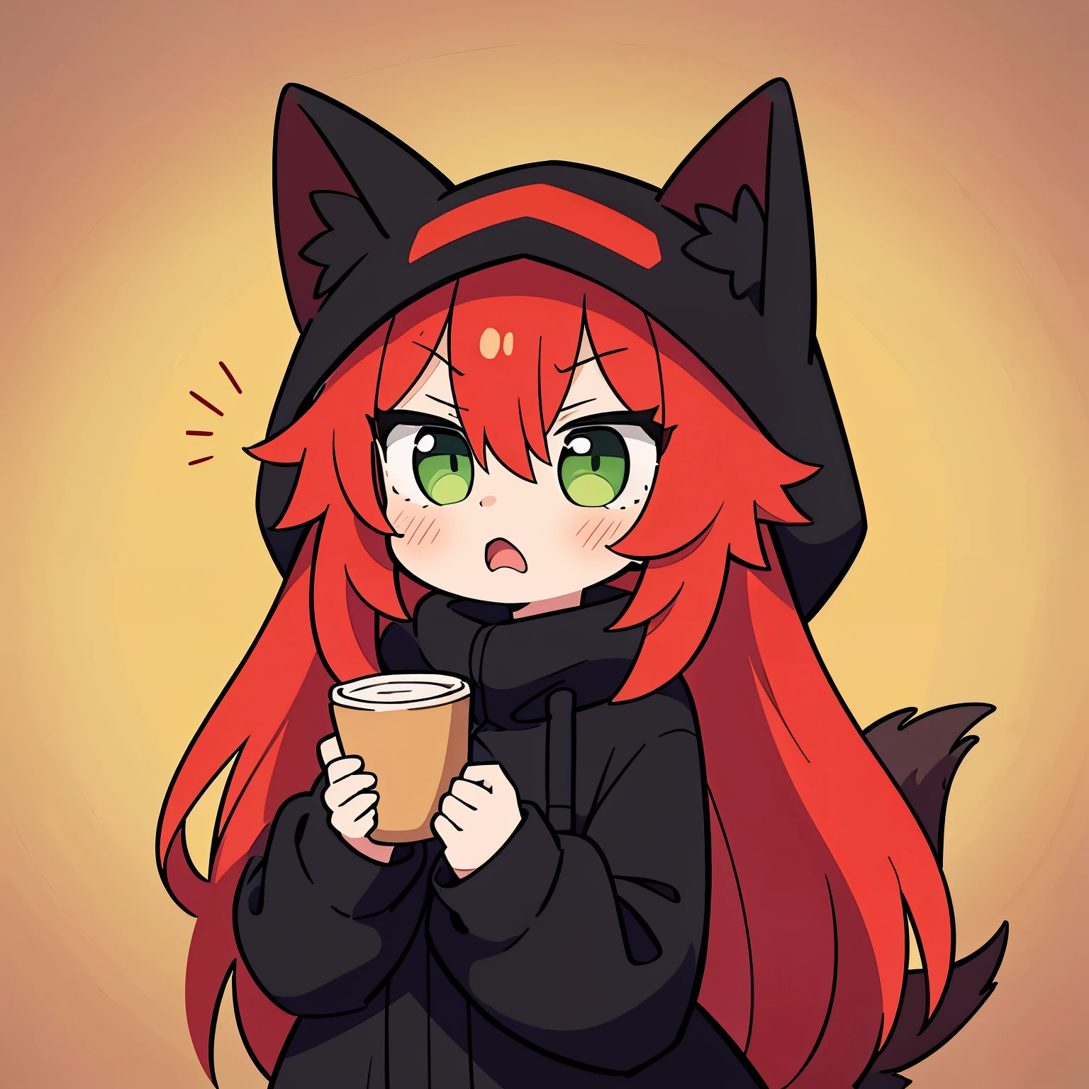 1girl, solo, long hair, red hair, green eyes with vertical pupil, fox ears, long black coat, black fur hood, red fox tail, ((surprised)), expression