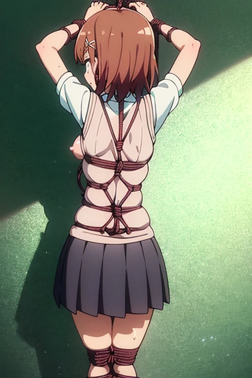 superior_Mikoto, 1 girl, alone, School_uniform, Troubled face front tokiwadai_School_uniform, sweater_vest, skirt, Brown_sweater_vest 全身, she is wet((shibari, turn your arms behind your back:1.4)), ((put your hands behind your back)), ((tied with rope)), ((tie your hands behind your back)), ((Rope restraint)),so cum on the face Rope collar Being taken away pink nipples