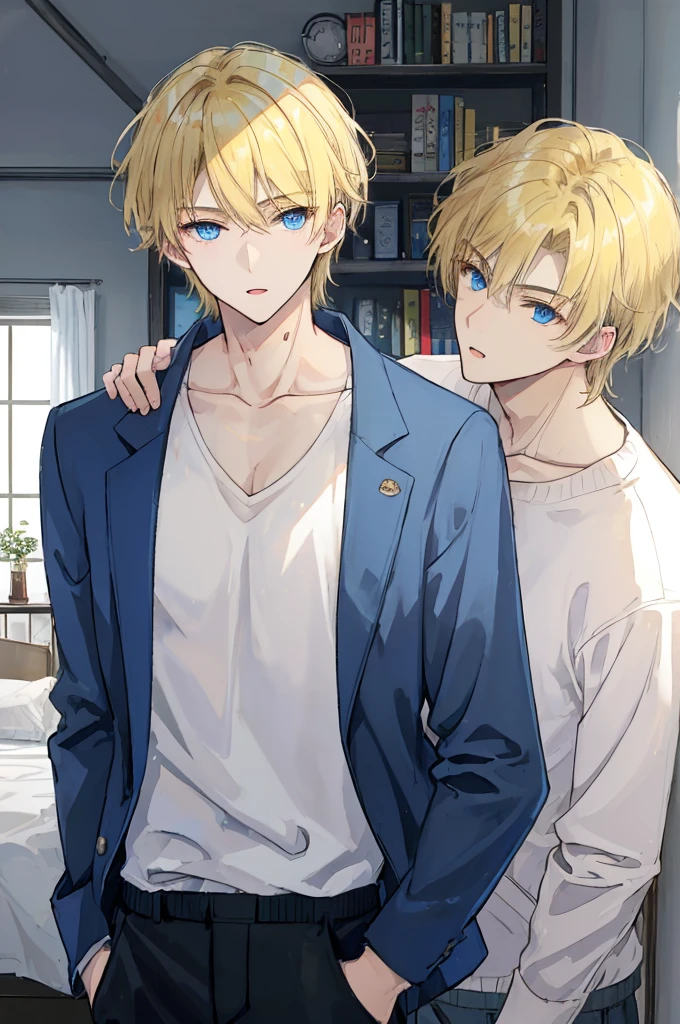 a handsome man,adult,Brother,Brother's,blond,blue eyes,clavicle,Jacket,long trousers,lol,(Very detailed background,bedroom),Knock,