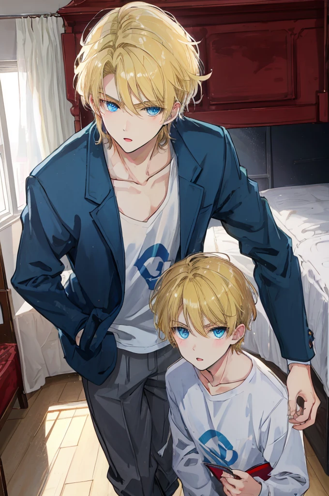 a handsome man，adult，Brother，Brother's，blond，blue eyes，clavicle，Jacket，long trousers，lol，(Very detailed background，bedroom)，Knock，