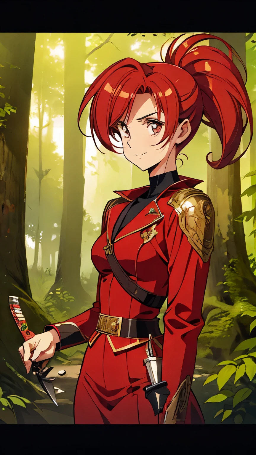 Lovely young lady, Daring, energetic, red lush hair combed into a ponytail, Bandit, in dynamics, smiles widely, robber clothes, A knife in his hand, ultra-detailed, Around the forest, masterpiece